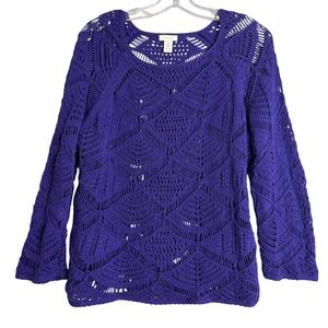 Chico's Open Knit Crochet Top Womens L 2 Purple Beachy Boho Cotton Blend